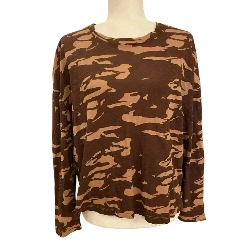 Monrow Womens Brown Camo Print Long Sleeve Shirt Size Medium New